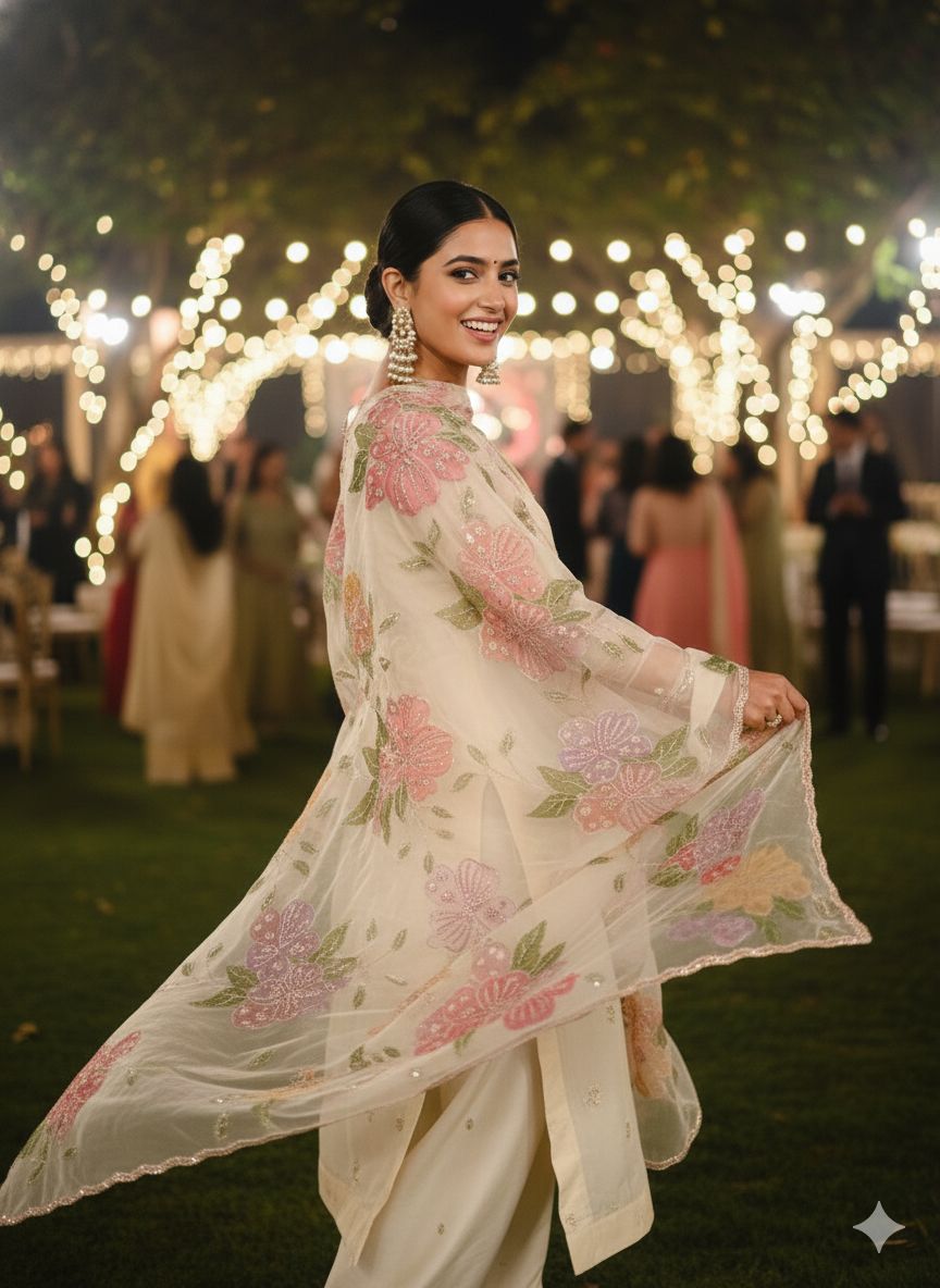 Organza hand painted hand work dupatta