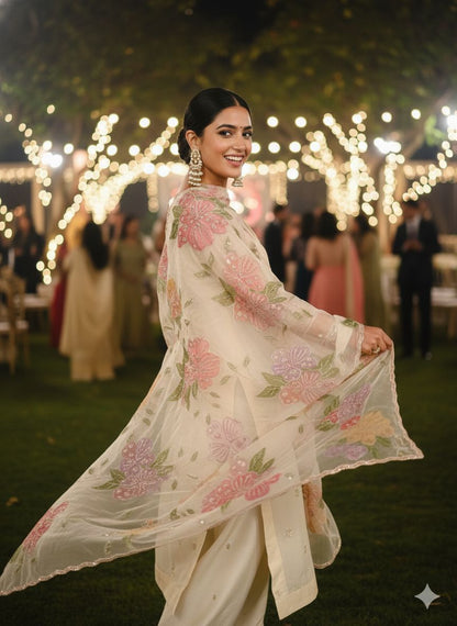 Organza hand painted hand work dupatta