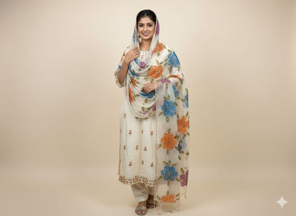 Organza hand painted hand work dupatta