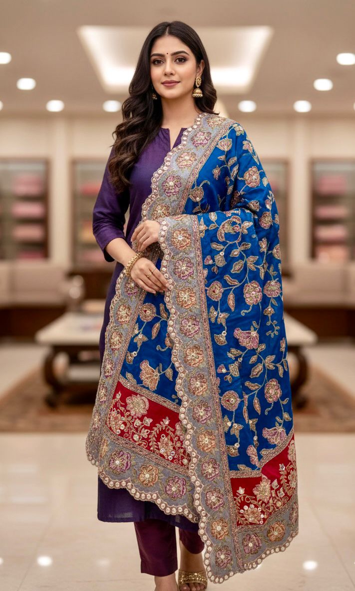 Pure Viscose Crepe heavy embroidered dupatta with scallop