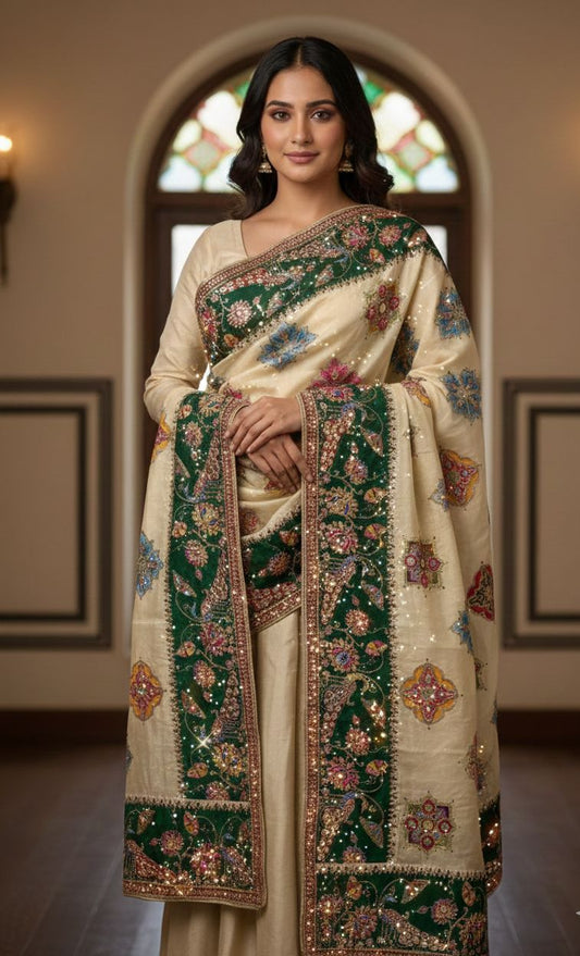 Pure Viscose Crepe position print heavy embroidered dupatta