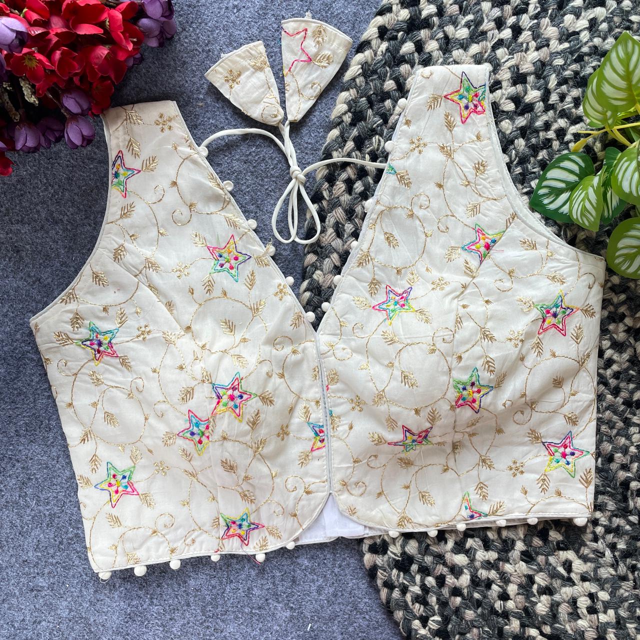 Designer stitched embroidered blouse - WHITE