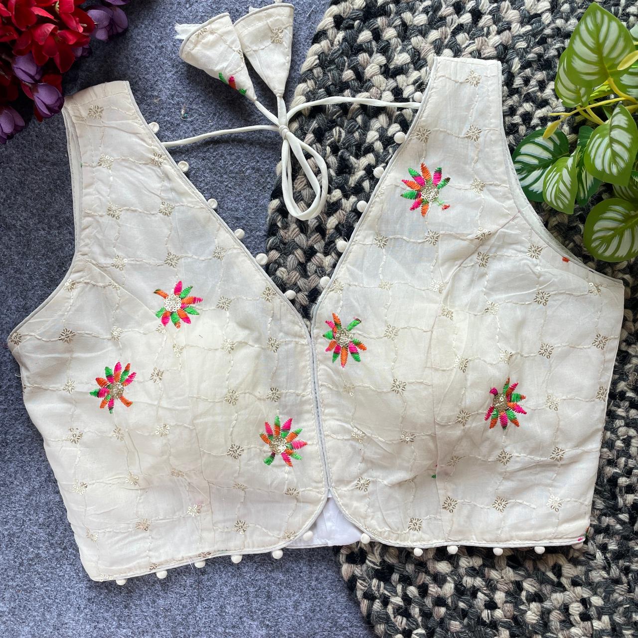 Designer stitched embroidered blouse - WHITE