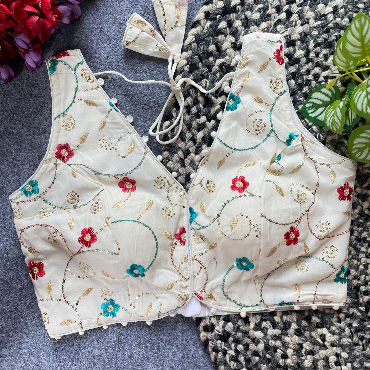 Designer stitched embroidered blouse - WHITE