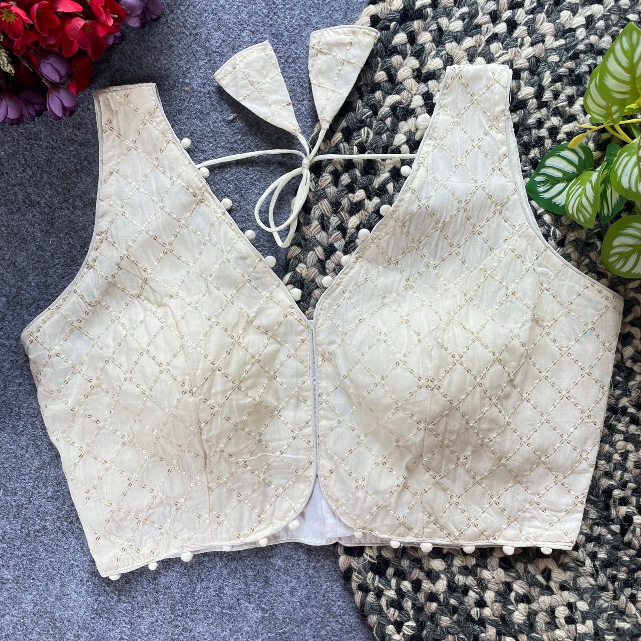 Designer stitched embroidered blouse - WHITE