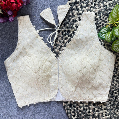 Designer stitched embroidered blouse - WHITE