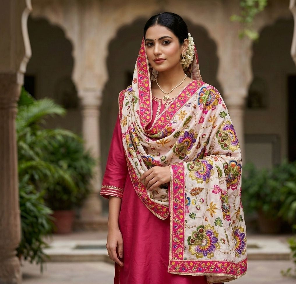 Pure Viscose Natural Crepe Dupatta – Floral Zari Elegance