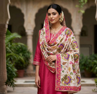Pure Viscose Natural Crepe Dupatta – Floral Zari Elegance