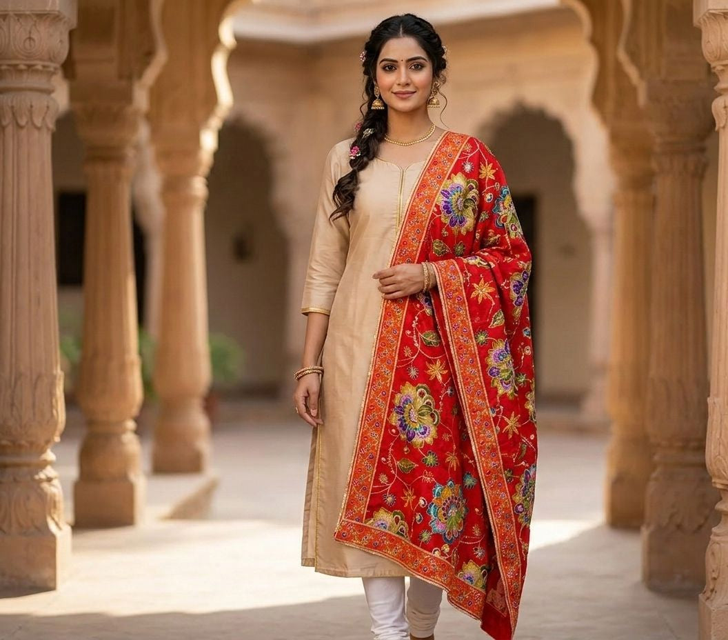 Pure Viscose Natural Crepe Dupatta – Floral Zari Elegance