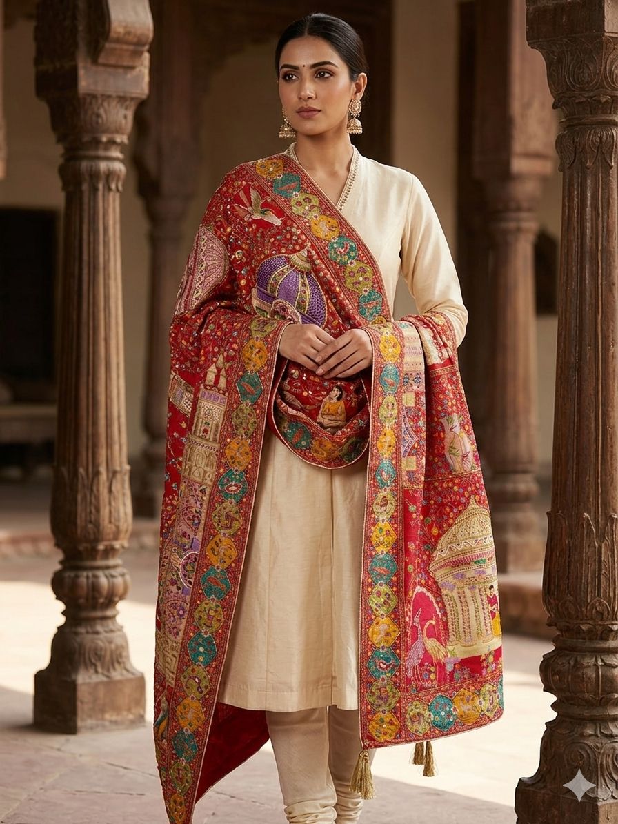 Pure Pashmina silk Darbari Theme Dupatta – A Regal Story in Every Thread