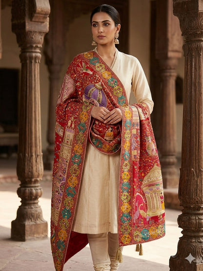 Pure Pashmina silk Darbari Theme Dupatta – A Regal Story in Every Thread