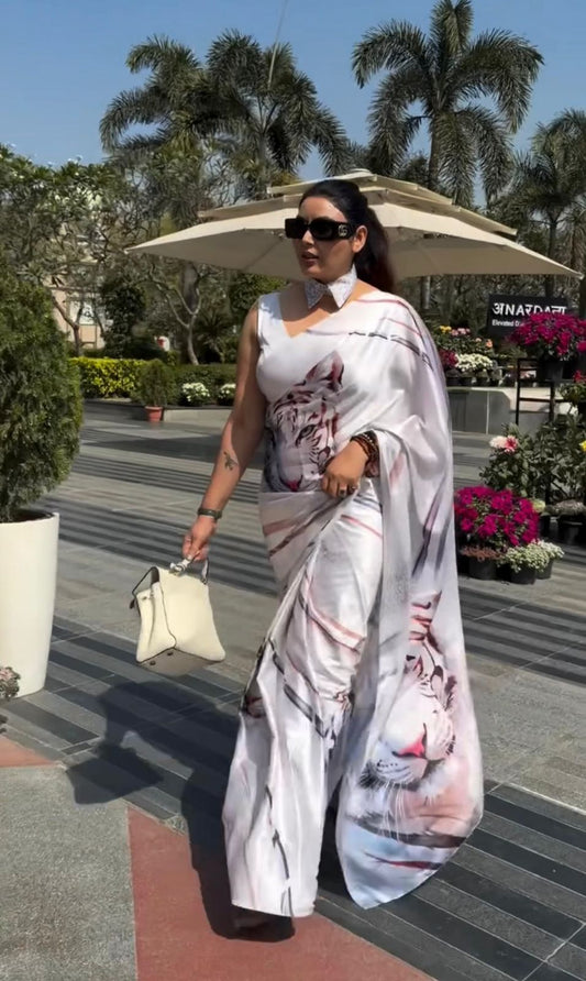 Satin Gorgette Premium Animal print saree
