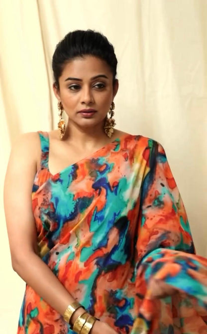 Cotton Linen Splash of ColourS Digital print Saree