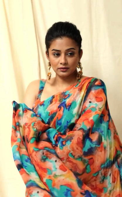 Cotton Linen Splash of ColourS Digital print Saree