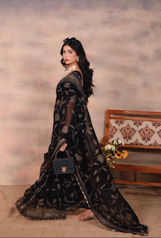 Gorgette Black Swarovski scallop saree with foil work