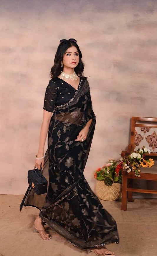 Gorgette Black Swarovski scallop saree with foil work
