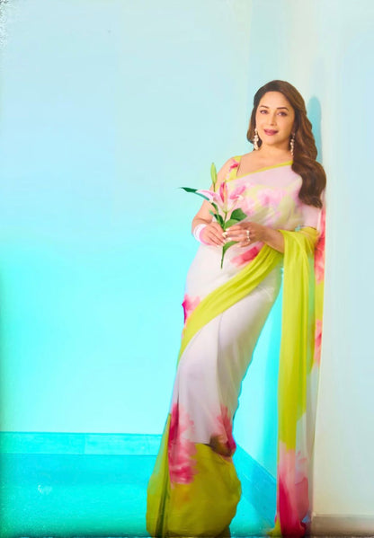 Madhuri Dixit Iconic Weightless Gorgette Digital Print Saree