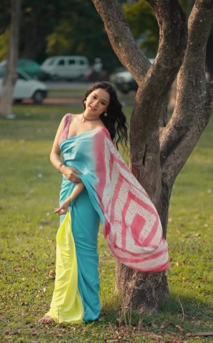 Satin Silk Tie Dye Digital Print Saree