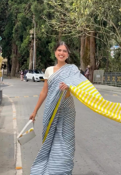 Breezy Stripes-Cotton Linen Stripe Saree