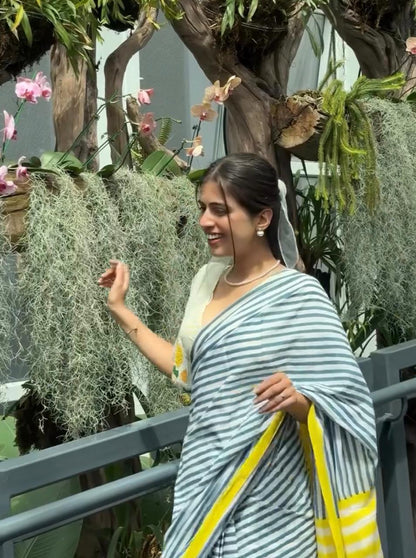 Breezy Stripes-Cotton Linen Stripe Saree