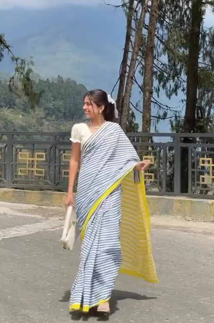 Breezy Stripes-Cotton Linen Stripe Saree