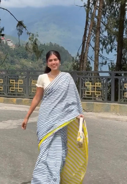 Breezy Stripes-Cotton Linen Stripe Saree