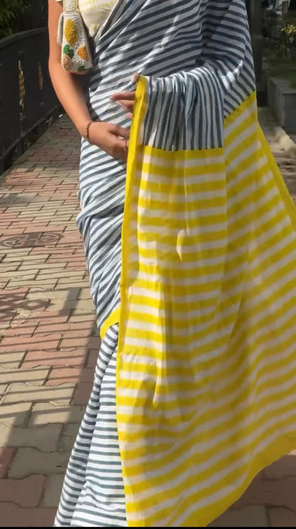 Breezy Stripes-Cotton Linen Stripe Saree
