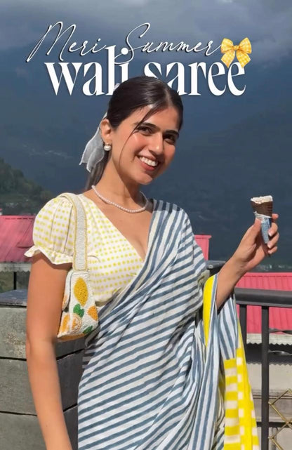 Breezy Stripes-Cotton Linen Stripe Saree