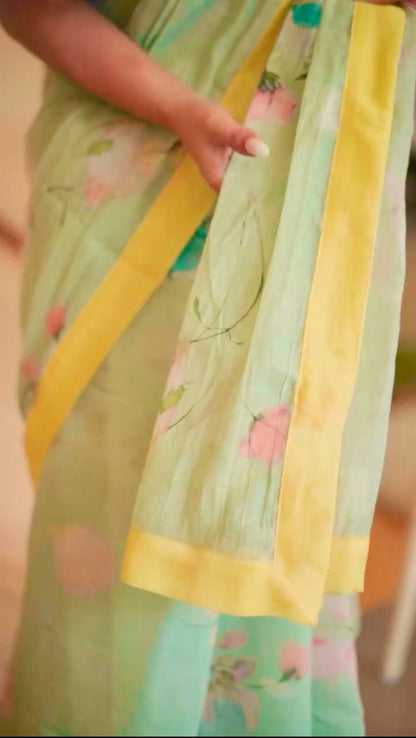 Pista Bloom- Cotton Linen Saree