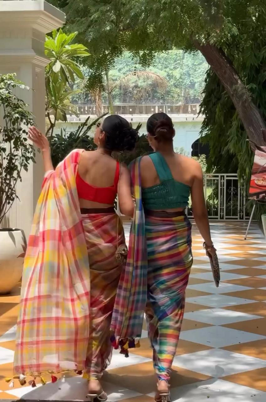 Candy Crush Checks - Cotton Linen Saree