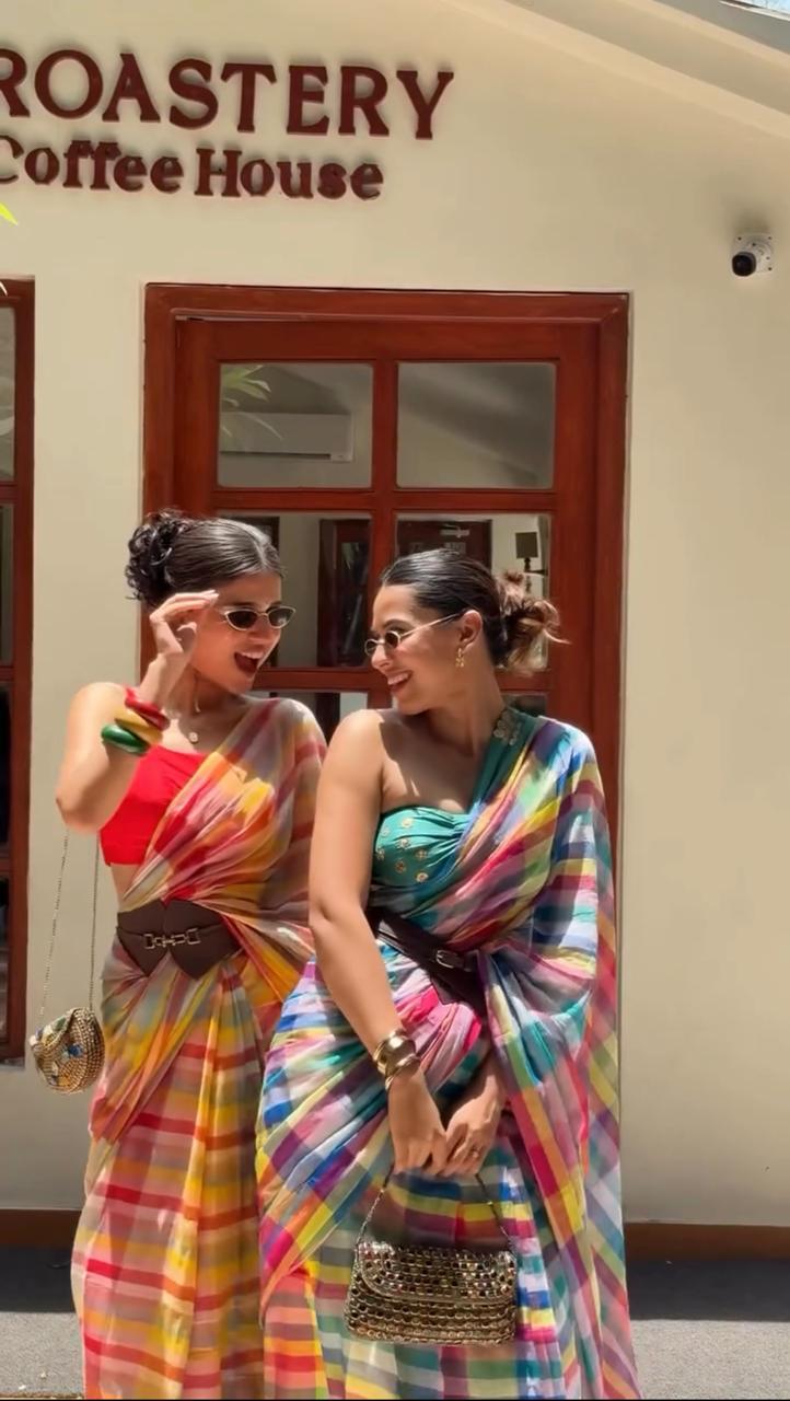 Candy Crush Checks - Cotton Linen Saree