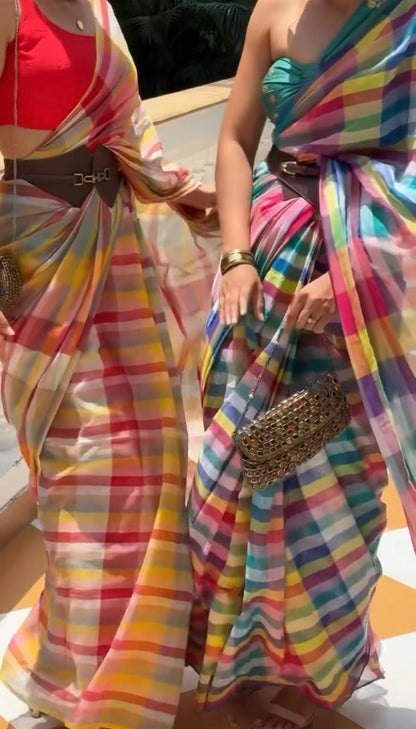 Candy Crush Checks - Cotton Linen Saree