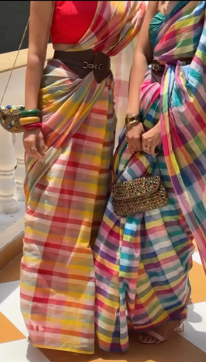 Candy Crush Checks - Cotton Linen Saree