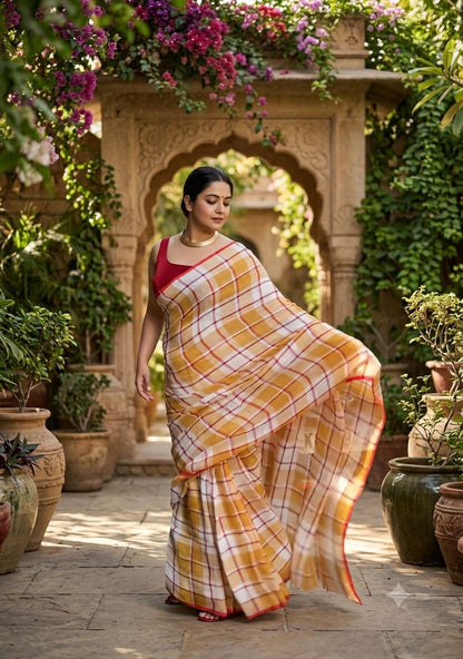 Mustard Checks – Cotton Linen Saree