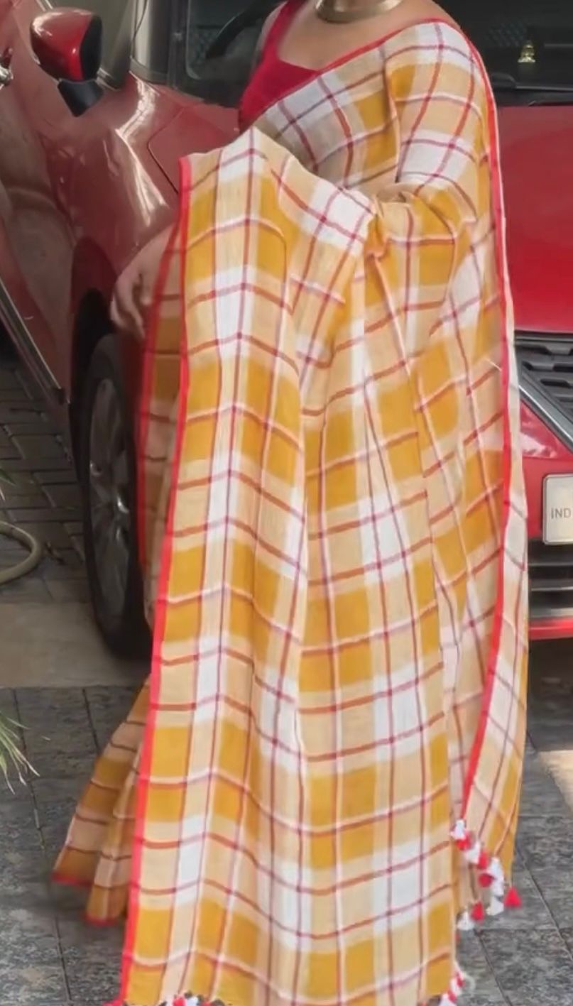 Mustard Checks – Cotton Linen Saree