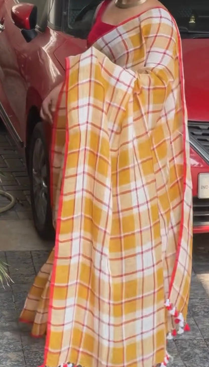 Mustard Checks – Cotton Linen Saree
