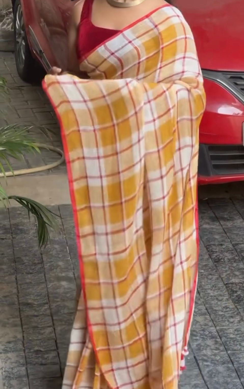 Mustard Checks – Cotton Linen Saree