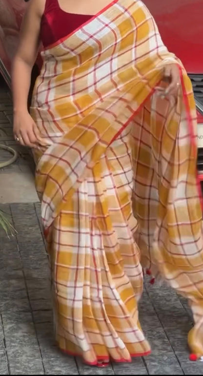 Mustard Checks – Cotton Linen Saree