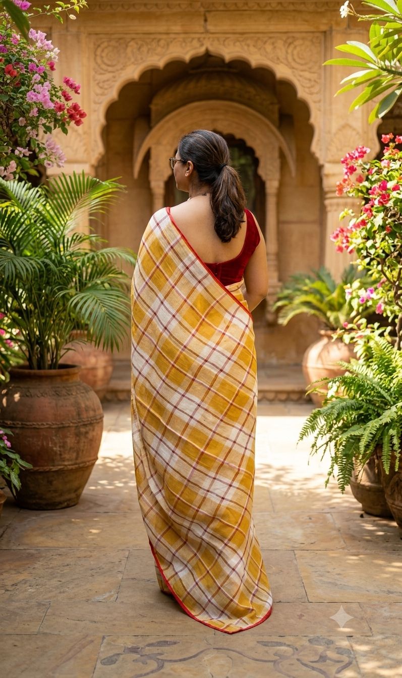 Mustard Checks – Cotton Linen Saree