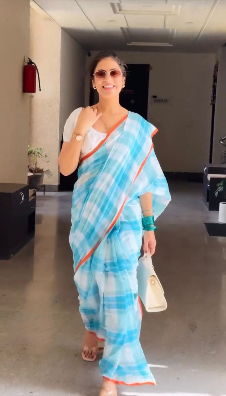 Azure Breeze – Powder Blue Cotton Linen Checks Saree