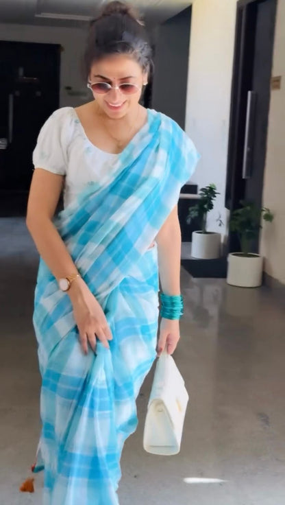 Azure Breeze – Powder Blue Cotton Linen Checks Saree