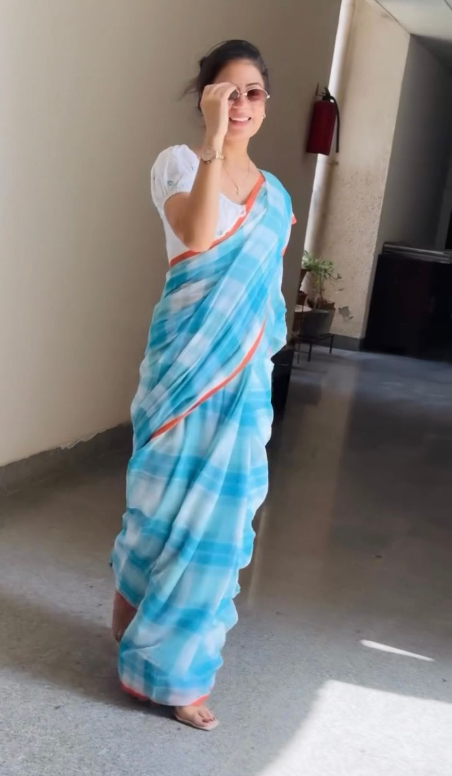 Azure Breeze – Powder Blue Cotton Linen Checks Saree