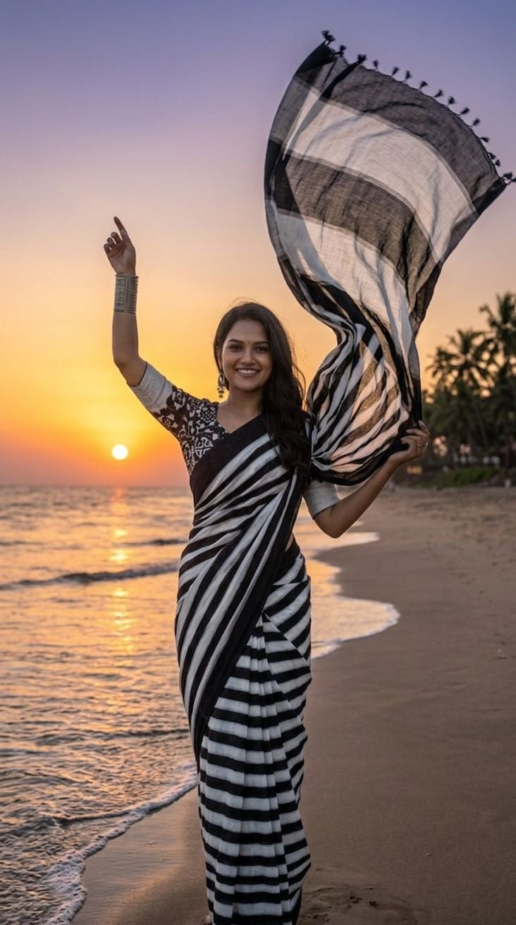 Ikat Stripe - Cotton Linen Saree