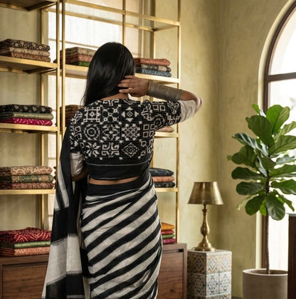 Ikat Stripe - Cotton Linen Saree
