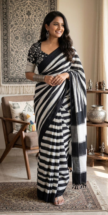 Ikat Stripe - Cotton Linen Saree