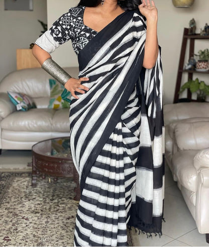 Ikat Stripe - Cotton Linen Saree