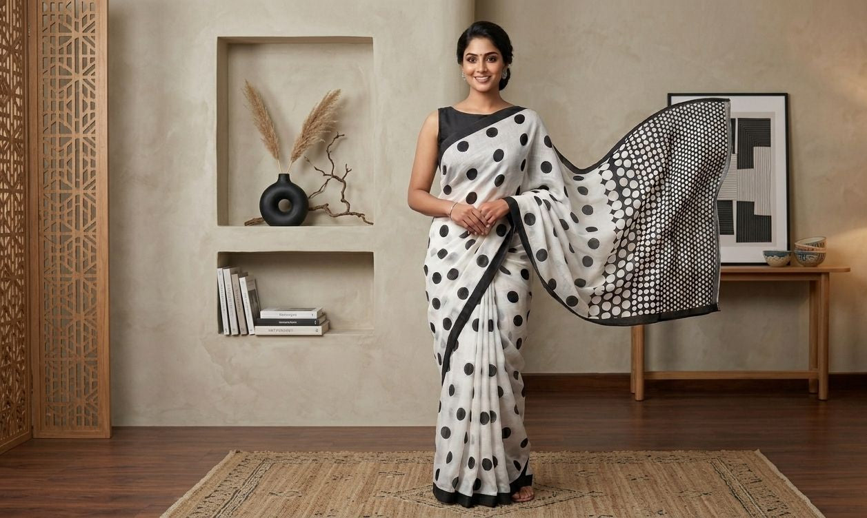 Polka Dot - Cotton Linen Saree