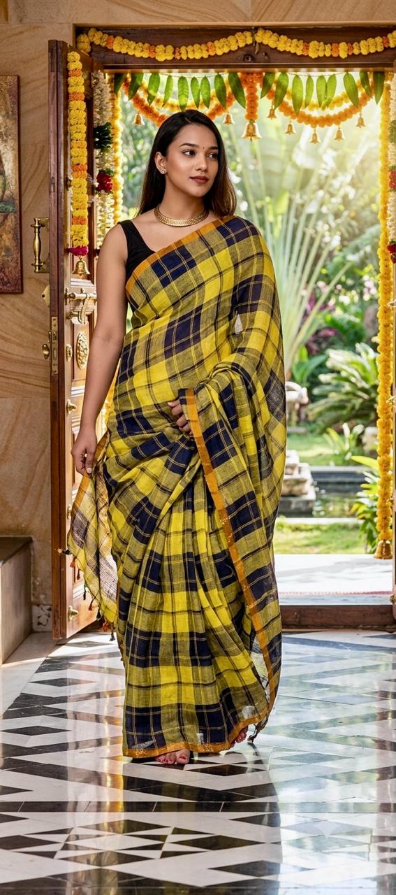 Lemon Zest Checks Cotton Linen Saree