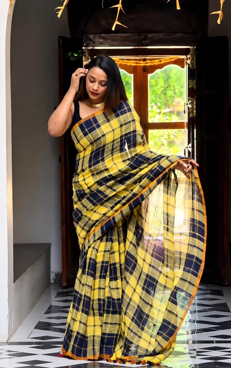 Lemon Zest Checks Cotton Linen Saree