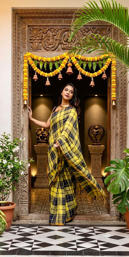 Lemon Zest Checks Cotton Linen Saree